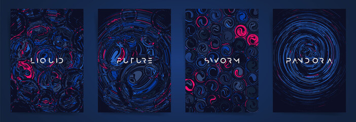 Wall Mural - Dark space universe minimal template design with typography for poster, flyer, event brochure, placard, presentation or cover. Black blue pink acid colors, circles and twists brutal background shapes 