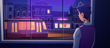 Lonely Man Stand At Window Look On Night Street With Vintage Train Riding Along Retro House, Glow Facade Glasses. Male Character Look Outside From Home Room, Melancholy, Cartoon Vector Illustration