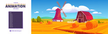 Countryside With Hay Bales On Agriculture Field, Windmill And Farm Barn. Vector Parallax Background Ready For 2d Animation With Cartoon Illustration Of Rural Landscape, Farmland