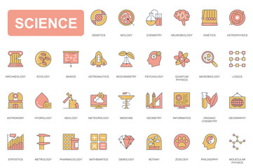Aufkleber - Science concept simple line icons set. Pack outline pictograms of biology, chemistry, biology, astronomy, psychology, microbiology, medicine and other. Vector elements for mobile app and web design