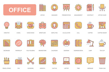 Fototapete - Office concept simple line icons set. Pack outline pictograms of management, presentation, creative, hand shake, brainstorm, contract, employee and other. Vector elements for mobile app and web design