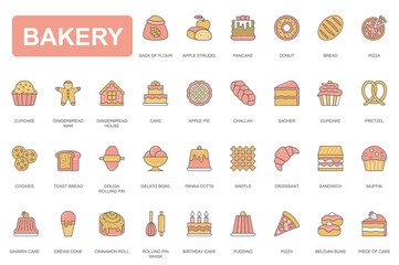 Fototapete - Bakery concept simple line icons set. Pack outline pictograms of strudel, donut, pancake, pizza, cupcake, cake, cookies, toast bread, waffle and other. Vector elements for mobile app and web design
