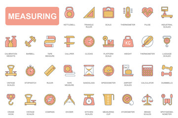Aufkleber - Measuring concept simple line icons set. Pack outline pictograms of kettlebell, ruler, scales, thermometer, clocks, sandglass, compass, divider and other. Vector elements for mobile app and web design
