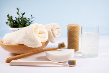 The concept of morning hygiene and care. Hygiene products. Close-up.