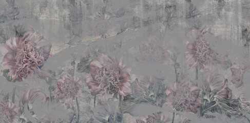 wall with textural elements drawn art flowers on a dark gray background