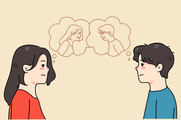 Man and woman hidden emotions in speech bubbles. Unhappy couple lovers have relationships problems. Spouses suffer from relations trouble. Divorce or breakup. Vector illustration. 