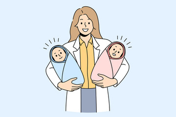 Wall Mural - Giving birth to twins concept. Young woman doctor nurse midwife standing and holding twins boy and girls newborn infant in hands in clinic vector illustration 
