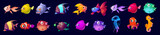 Fototapeta Fototapety na ścianę do pokoju dziecięcego - Cute underwater animals, fish, seahorse, jellyfish and octopus. Vector cartoon set of aquarium characters, funny marine creatures, puffer fish isolated on black background