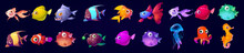 Cute Underwater Animals, Fish, Seahorse, Jellyfish And Octopus. Vector Cartoon Set Of Aquarium Characters, Funny Marine Creatures, Puffer Fish Isolated On Black Background