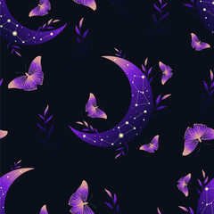 vector illustration with moon moth and crescents on violet vintage background. contemporary composit