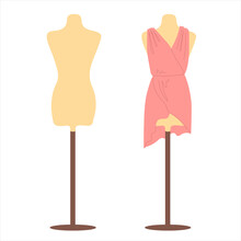 Two Portno Dummies Are Typical Female Figures. The Mannequin With Dress And Naked Mannequin Isolated On A White Background. Simple Illustration In A Flat Style. A Model For Designer Clothes.