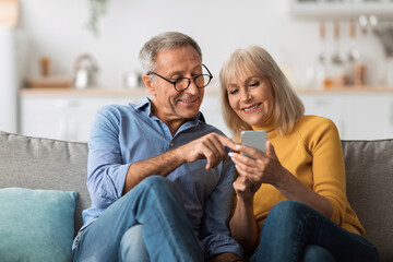 Wall Mural - Older Spouses Using Mobile Phone Sitting On Sofa At Home