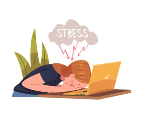 Wall Mural - Young Busy Woman Character in Stress Feeling Tired and Exhausted Sitting at Laptop Vector Illustration