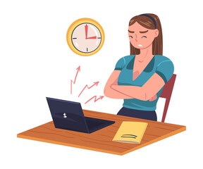 Sticker - Young Busy Woman Character in Stress Feeling Tired and Exhausted Sitting at Laptop Vector Illustration