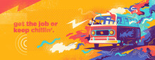 Colorful Graffiti Style Abstraction With Splashing Shapes And Retro Van. Vector Illustration.