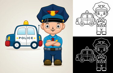 Poster - Cartoon little policeman with patrol car