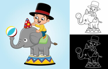 Canvas Print - Cartoon little boy ride on funny elephant in circus show