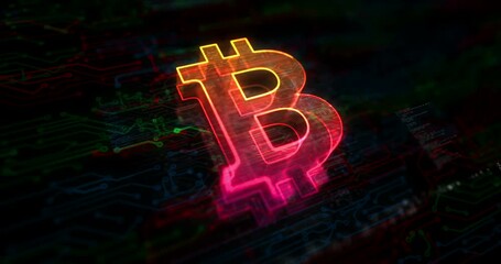 Wall Mural - Bitcoin blockchain crypto currency and digital money colored symbol concept. Network, cyber technology and computer background abstract 3d animation.