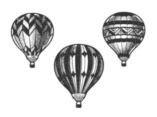 Balloon Aeronautics Aerostat Set Sketch Engraving Vector Illustration. T-shirt Apparel Print Design. Scratch Board Imitation. Black And White Hand Drawn Image.