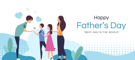 happy father's day - mother took the children to give flowers to the father vector design