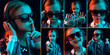 © master1305 - Set of images of little cute kid, beautiful girl in sunglasses isolated on dark studio background in neon light. Education, emotions, facial expression and childhood concept.