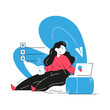 Happy relaxing freelancer woman working remotely internet use laptop drinking hot tea coffee at home office vector flat illustration. Smiling female enjoying teleworking online distance education