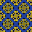Seamless pattern with intertwined lines creating abstract square black and yellow squares on a blue background. Used for packaging, fabrics, backgrounds and other products.