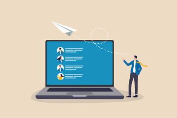 Mailing list to send email campaign, subscription email management software, sending promotion or communicate marketing message concept, businessman with mailing list computer laptop sending email.