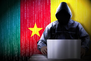 Anonymous hooded hacker, flag of Cameroon, binary code - cyber attack concept