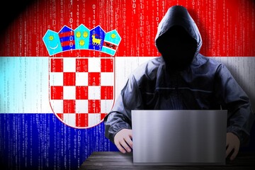 Anonymous hooded hacker, flag of Croatia, binary code - cyber attack concept