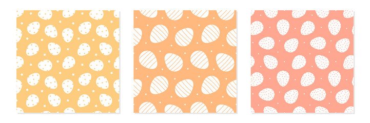 Wall Mural - Set, collection of three colorful vector seamless pattern backgrounds with decorated easter eggs for Easter celebration design.
