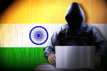 Anonymous hooded hacker, flag of India binary code - cyber attack concept