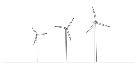 Poster - Wind turbines and windmill in one continuous line drawing. Green energy and renewable source of power concept in simple linear style. Editable stroke. Vector illustration