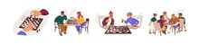 People Playing Chess Game Set. Young Adult Players, Kids With Boards On Table And Online. Smart Men, Women And School Children At Chessboard. Flat Vector Illustrations Isolated On White Background