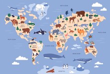 World Map With Animals In Water And On Earth. Geography And Fauna Of Planet. Wildlife, Nature For Kids.Continents, Oceans, Mammals And Fishes For Preschool Children. Colored Flat Vector Illustration