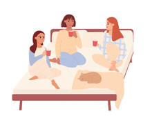 Three Pretty Female Friends Are Sitting On The Bed And Talking. Girlfriends Of Different Races Have A Good Time Together. Flat Vector Illustration Of A Pajama Party.