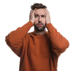 Wall Mural - Man suffering from headache on white background. Cold symptoms