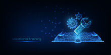 Futuristic Vocational Training Concept With Glowing Gears, Wrench And Book Isolated On Dark Blue
