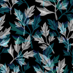 Wall Mural - Floral background with leaves watercolor in hand drawn style. Spring leaves seamless pattern on black. Foliage  illustration for paper, textile, wrapping and wallpaper.