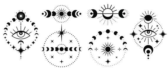 moon phases, crescent, sun, set of celestial bodies and mystic magical elements in vintage boho style. celestial bodies