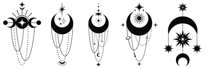 moon phases, crescent, sun, set of celestial bodies and mystic magical elements in vintage boho styl
