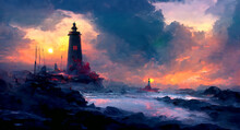 Artificial Intelligence Generated Image Of A Lighthouse At Seashore At Dusk