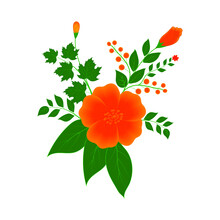  Floral Vector In Illustration Of A Flower, Large Orange Flower With Leaves