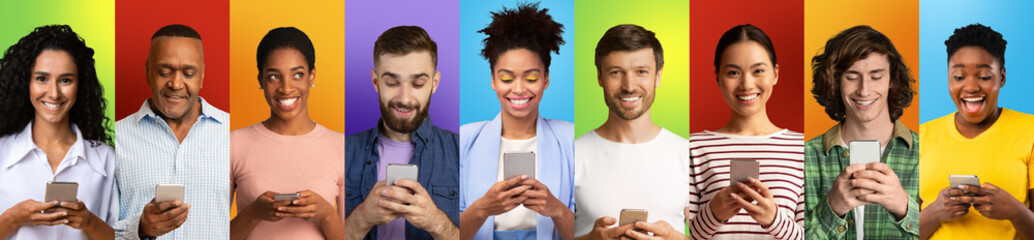 Poster - Collection of diverse young men and women using cellphones, browsing web or social networks, colorful backgrounds