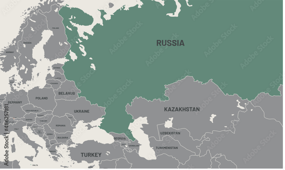 Russia map on world map. The borders of Russia are colored. It looks ...