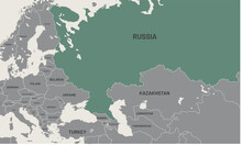 Russia Map On World Map. The Borders Of Russia Are Colored. It Looks Different From Other Countries. Detailed Representation Of Russia Country Borders