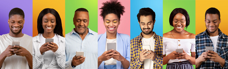 Poster - Diverse women and men with smartphones using internet, communicating in social media, collage, panorama