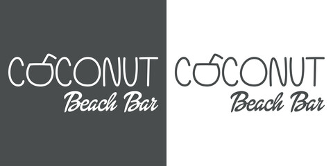 Poster - Logotipo de bar tropical. Logo bebida de agua de coco. Banner con texto Coconut Beach Bar con coco con forma de letra O con líneas en fondo gris y fondo blanco