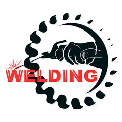 Wall Mural - Welding machine in hand and gear. Symbol for welder worker