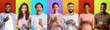 © Prostock-studio - Overjoyed multiracial people using mobile phones and looking at camera, men and women posing on colored backgrounds